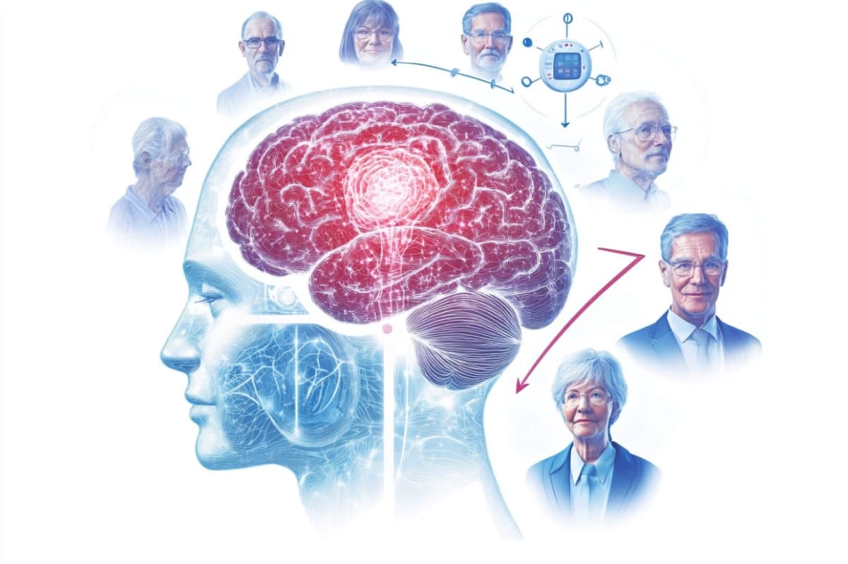 Illustration of brain cortex thinning linked to Type 2 diabetes, highlighting memory and cognition regions