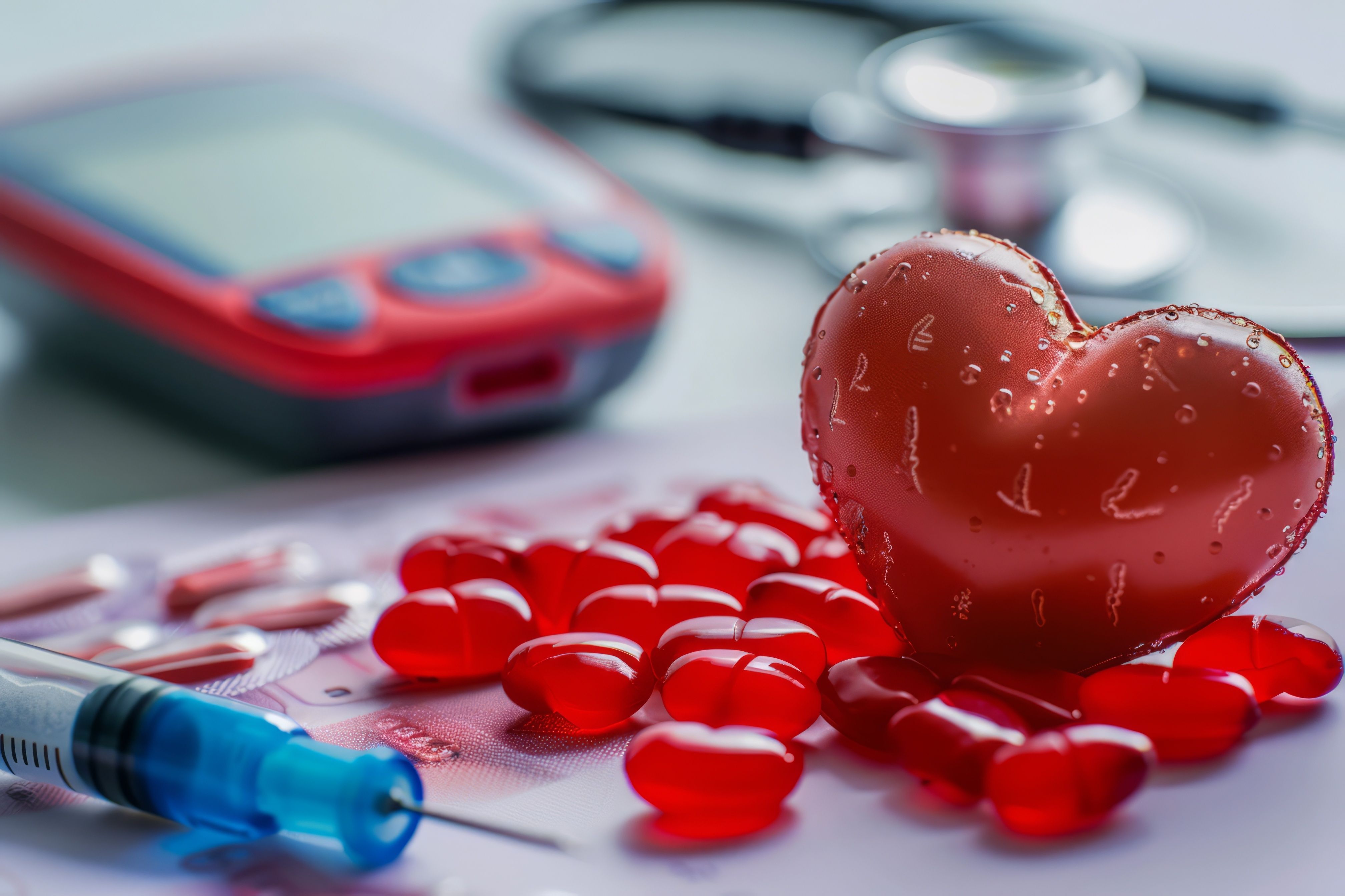 Heart surrounded by medical supplies highlighting cardiovascular risk in adult-onset type 1 diabetes